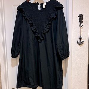 H&M Black Cotton Mini A-line Dress with Ruffle Detail, Size XL (New)